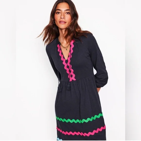 Boden Navy Corinna Colorful Ric Rac Trim Tassel Tie Cotton Dress 10 - Picture 9 of 9